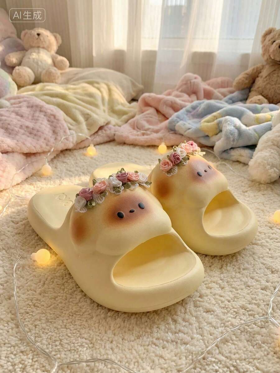 Flower & Puppy Design Cute Teenager Summer Indoor EVA Slippers - Yellow - View 1