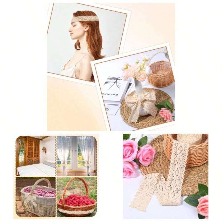 Beige Cotton Lace Trim, 5 Yards Vintage Crochet Lace Trim Ribbon Fabric Applique Sewing, Wedding Decoration, Wrapping, Package, Scrapbooking Crafts 2.2 Inch Wide - Màu be - Xem 1