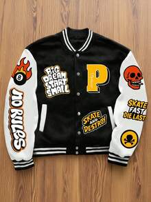 Men's Casual Graffiti Print Fleece Baseball Jacket, Varsity Bomber Coat, Boyfriend Gift, Unisex, Spring/Autumn - Black - View 2