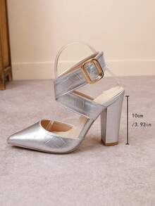 女士尖头细高跟露跟时尚香槟色/黑色/白色性感高跟鞋，带踝带 - 銀色 - 查看 6