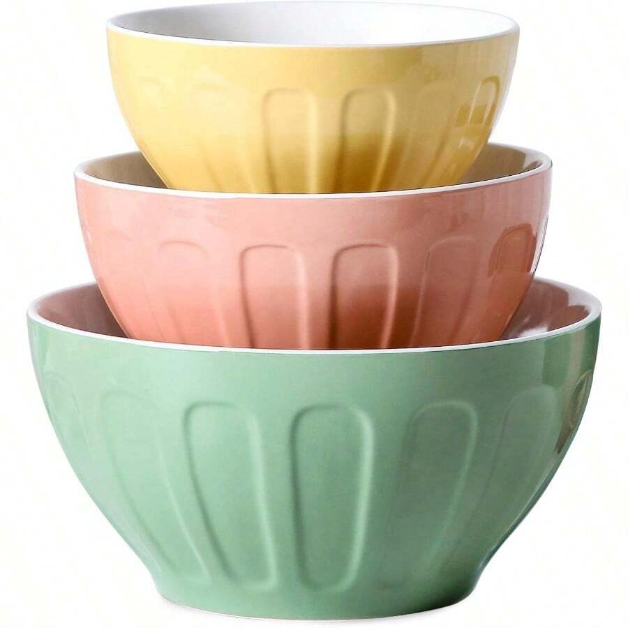 Lareina - Cuencos de cerámica para cocina juego de cuencos grandes para servir hornear preparar alimentos cocinar ensalada masa madre regalo apto para microondas tamaño grande de 3.2/1.7/1.2 - amarillo rosa verde - Ver 1