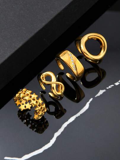 男士4件套简约不锈钢金色戒指套装，包含星形图案和圆形水钻元素，适合日常佩戴、节日、约会、订婚、婚礼、送礼等场合。