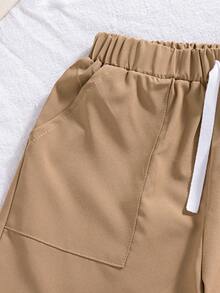 2pcs/Set Boys' Casual Striped Splice Collar Sleeveless Top And Solid Color Pocket Drawstring Shorts, Spring/Summer - Khaki - View 8