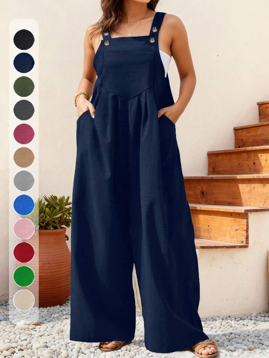 Plus Size Casual Solid Color Wide Leg Bib Overalls - Navy Blue - View 1