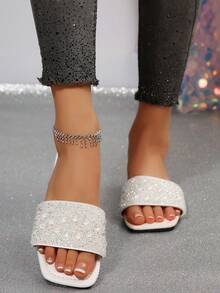 Luxury Sparkling Pearl & Rhinestone Decor White Ladies Slip-On Sandals, 2026 New Arrivals, Large Sizes, Square Toe, Open Toe, Flat, Suitable For Outdoor, Beach, School, Casual, Mothers - White - View 5