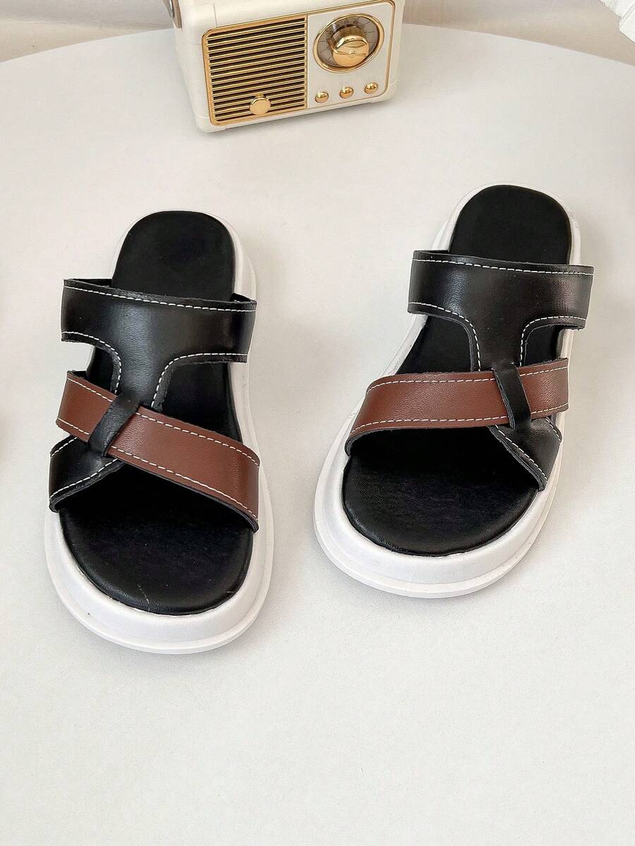 Minimalist Leather Slippers | Dual-Tone Criss-Cross Strap, Elevate Daily Outfit - Black - View 1