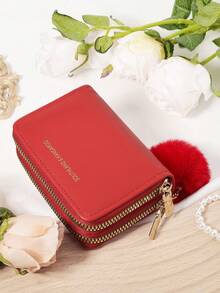 Decorated With A Furry Pom Pom Charm,Double Zipper,Versatile Coin Wallet,Letter Graphic Card Holder Multi-Card Card Organizer For Storage Credit Cards School Supplies For School Dorm Room - Red - View 5
