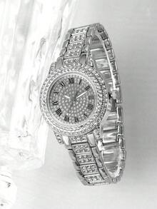4PCS Round Silver Roman Quartz Watch With Cuban Bracelet Necklace Ring, Birthday Gift, Daily Versatile - Silver - View 4