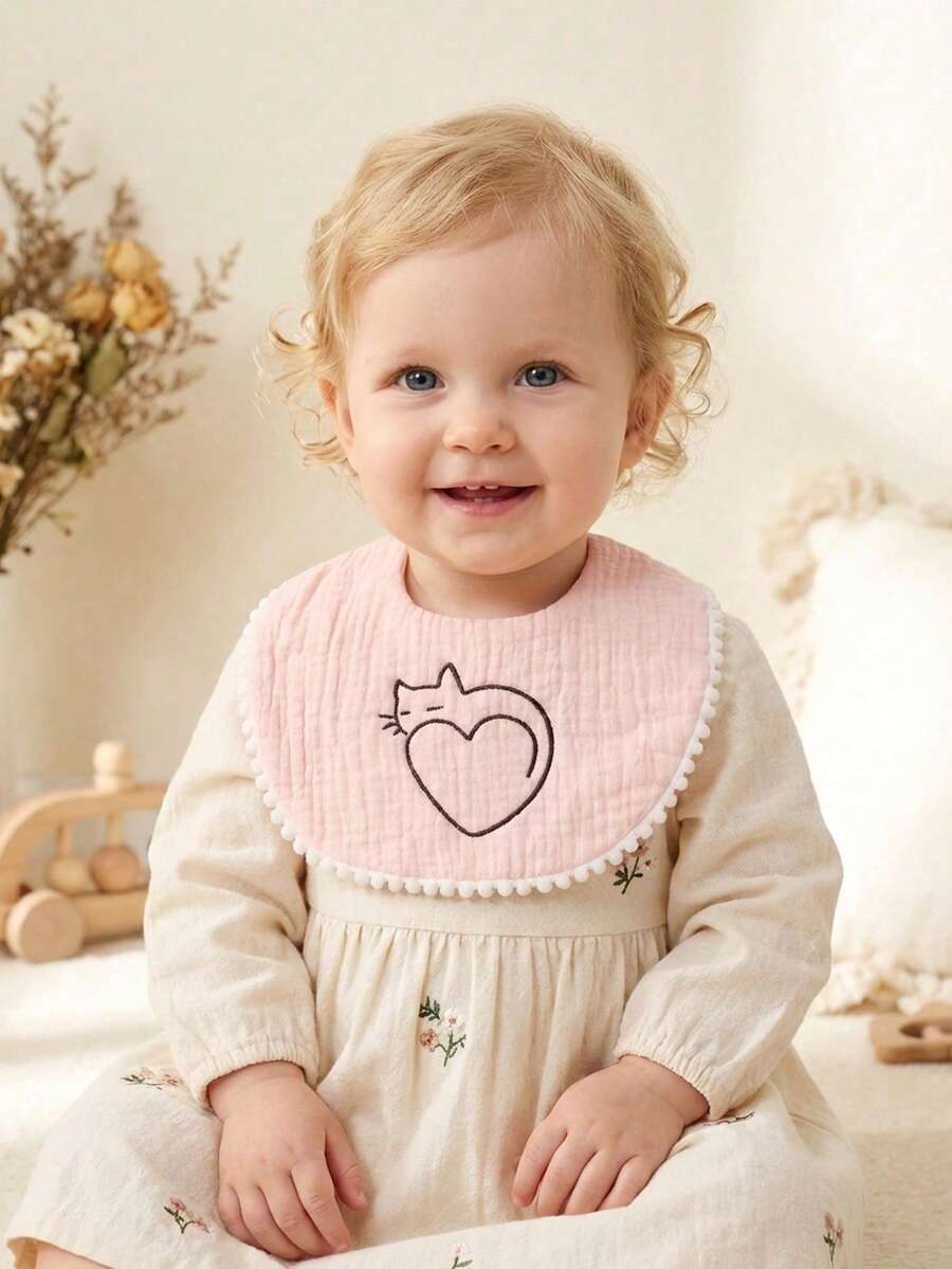 1件可爱粉色狐狸刺绣婴儿围兜,适合日常使用 - 彩色 - 查看 1