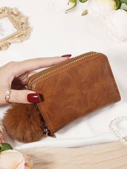 Decorative Plush Ball Pendant, Brown Letter Pattern Multi-Card Slot Wallet With Zipper Coin Pouch - Multifunctional RFID Blocking Card Holder For School, Dorm, Travel And Daily Use