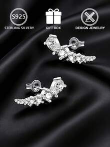 1件925纯银女士渐变立方氧化锆水滴形弧形耳钉（闪耀弧影系列），礼盒包装，适合日常佩戴和送礼 - 銀色 - 查看 4