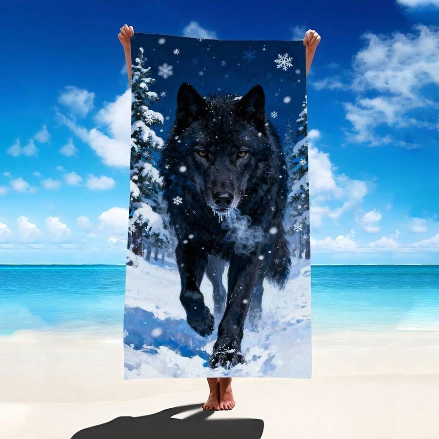 1pc Snow Wolf Beach Towel, Super Soft Microfiber Extra Large Beach Blanket, Super Absorbent Bath Towel, Suitable For Travel, Swimming Pool, Diving, Surfing, Yoga, Camping, Available In Multiple Sizes, Beach Accessories For Beach, Pool, Travel, Camping, Yoga - Multicolor - View 1