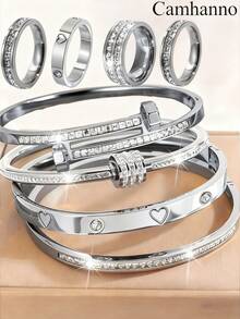 Camhanno 8/6pcs Set Elegant Multi-Color Stainless Steel Bracelet & Ring Jewelry Set, Unique Design, Ideal Fashion Accessory, Lucky Meaning, Suitable For Both Men And Women - Multicolor - View 10