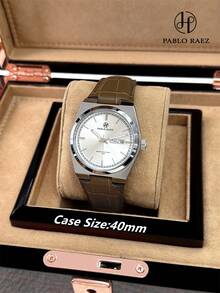 Pablo Raez 男士原创魅力腕表 时尚商务男士腕表 奢华不锈钢首饰 全新 AAA 级男士名表 复古渐变绿色超细纤维皮革表带 50米防水 简约日历星期显示 男士金属休闲石英表 毕业 婚礼 生日礼物 - 銀色 - 查看 3