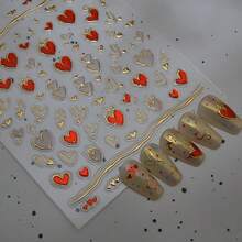 Gold Heart Nail Stickers For Nail Art 5D Embossed Nail Decals Se--Adhesive Nail Art Stickers With Multiple Shapes Gold Red Heart Design Artificial Nail Supplies For Women Manicure Decorations - 風格15 - 查看 4
