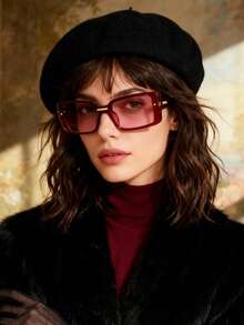 1pc Retro Rectangular Women Fashion Glasses, High-End Street Style Classic Fashion Glasses - Wine-red Frame Gradually Turns Red. - View 1