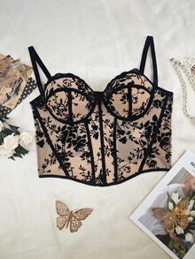Plus Size Black Floral Sheer Sexy Deep V-Neck Party Bodycon Corset - Brown - View 4
