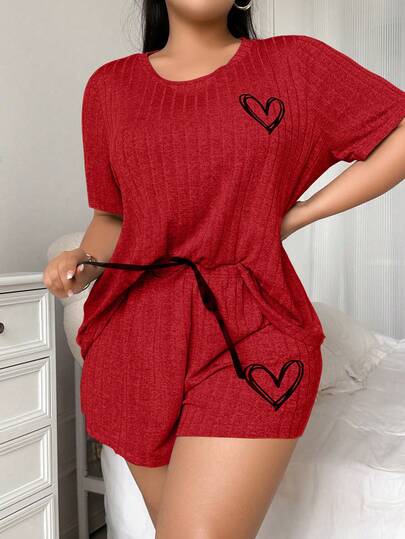 Conjunto de top de manga corta con cuello redondo y estampado de corazón de punto acanalado, y shorts, para mujer, de nueva llegada para primavera/verano, de corte holgado, con estilo, casual y elegante, en dos piezas