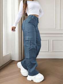 Foggy Blue Multi-Pocket Buttoned Casual Y2K Leisure Elegant And Cute Work Pants. Suitable For Back-To-School, Clubs, Birthday Parties, Halloween, New Year, Thanksgiving, Concerts, Gyms, Beaches, Vacations, Business, Daily Airport Wear, Street Style, Teacher's Day, Spring, Summer, Autumn And Winter.