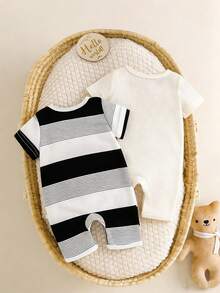 2件套新生男宝宝夏季刺绣小熊条纹纯色华夫格连体衣套装 - 杏色 - 查看 2