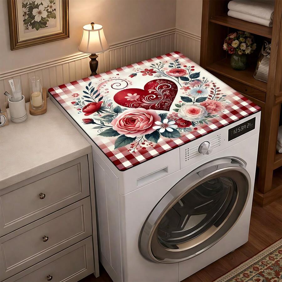 1pc Heart, Flower, Plaid Pattern Printed Washing Machine Dust Cover Mat, Rubber Soft Bottom, Laundry Room Accessory, Washing Machine Top Protective Pad, Quick Drying, Refrigerator Dust Cover, Coffee Maker Countertop Absorbent Mat, Diatomite Draining Mat, Modern Laundry Room And Kitchen Appliance Washing Machine And Dryer Dust Cover, Home Decor, Kitchen & Dining Decor - Multicolor - View 1