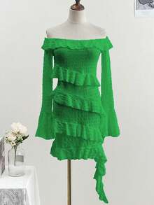 Women's Fashionable Off-Shoulder Dress, Elegant Romantic Date Outfit, Sexy Fitted Bodycon Party Dress, Valentine's Day Apparel, Popular Spring Style Top - Green - View 5