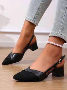 1 par de sandalias de tacón alto para adolescentes con hebilla, abertura poco profunda, punta puntiaguda, versátil resistente a manchas con patchwork negro, adecuado para fiestas, reuniones, compras, los tacones altos de punta puntiaguda corren pequeño, por favor compre 0.3-1cm talla grande pequeño según la longitud del pie - Negro - Ver 3