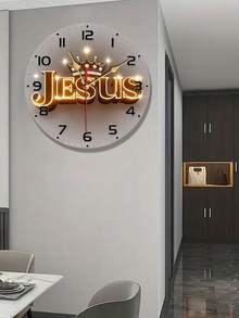 2D Plano, Relógio de Parede Silencioso de 10"/12" com Coroa Dourada e Design "Jesus" - Relógio Redondo de Madeira Sem Moldura, Operado a Pilha (Pilha AA Não Incluída) - Ideal para Sala de Estar, Quarto, Cozinha, Decoração Doméstica e de Escritório - Presente Religioso Estético, 2D Plano - Multicolorido - Visão 1