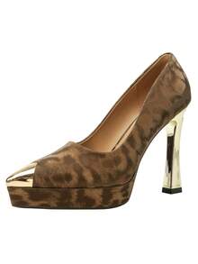 Women's Fashion Shoes, New Spring/Autumn European And American Style Party Shoes, Thick Bottom Metallic Pointed Toe Leopard Print Super High Heel Slip-On Pumps, Suitable For Casual, Holiday, Party, Date - Brown - View 10