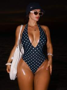 Women's Polka Dot Backless Halter Neck One Piece Swimsuit, Beach Vacation Summer - Navy Blue - View 3