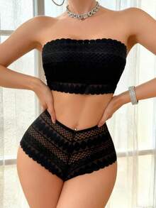 Conjunto de Bralette sin tirantes de encaje, conjunto de sujetador y bragas sin relleno inalámbrico para mujer, lencería cómoda sin costuras para boda, S-XL - BLANCO - Ver 8