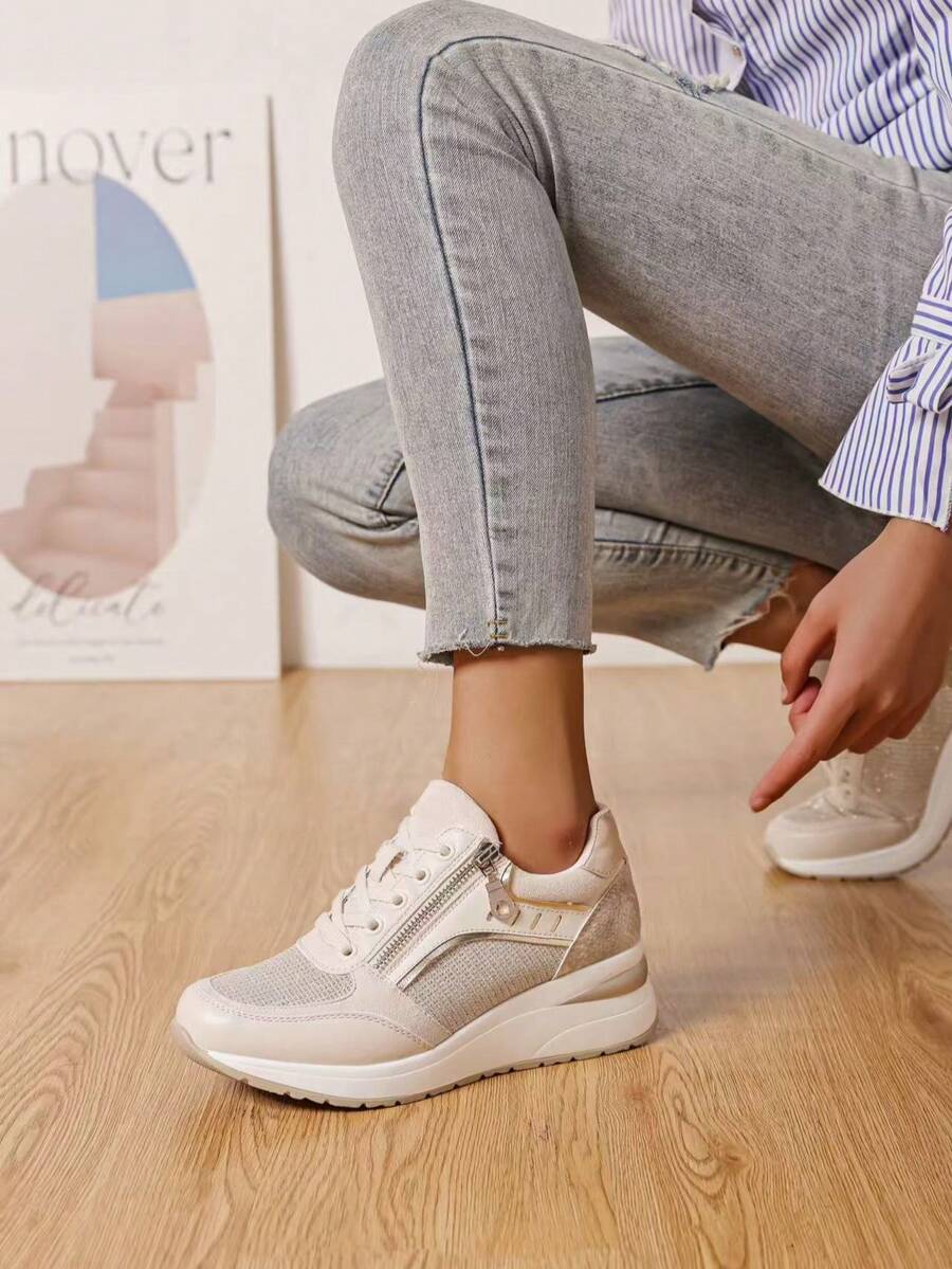 Thick Sole Platform Sneakers With Side Zipper For Easy Wear, Classic Women Sports Shoes - Beige - View 1