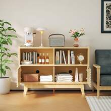 Buffet Sideboard Oak, Modern Storage Cabinet W/Cord Cutout, Accent Cabinet With Solid Wood Legs, Console Table W/Swing Doors & Open Shelves, Credenza For Living Room, Hallway, Entryway - Natural Oak - Xem 3