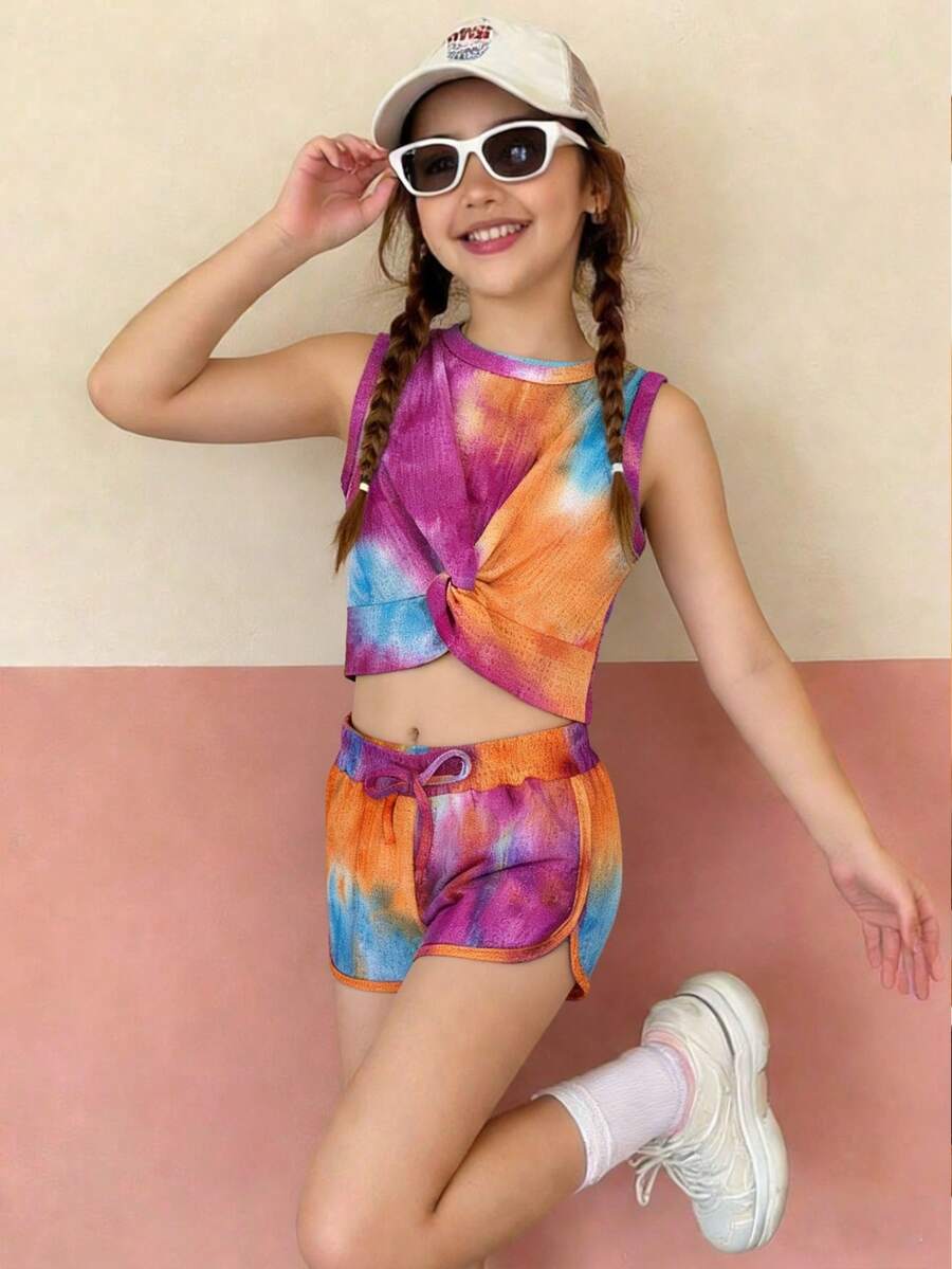 Tween Girl Tie-Dye Sleeveless Shorts Set, Minimalist & Fashionable - Orange - View 1