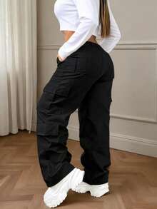 黑色纽扣口袋优雅休闲通勤简约可爱Y2K轻便大码工装裤，适合万圣节、教师节、毕业典礼、外出、度假、俱乐部、办公室、健身房、海滩、返校、生日派对、下午茶、旅行、乡村音乐节、机场、春季、夏季、秋季、冬季等各种场合。 - 黑色 - 查看 5