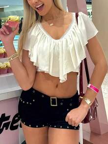 Women Y2K Ruffled V Neck Crop Top Solid Color Frill Trim Tie Back Cropped Shirts Summer Ruched Going Out Top Vintage Boho Blouse Tee Shirt Streetwear - 白色 - 查看 10