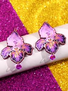 一对优雅紫色水滴形花朵耳环，适合节日派对佩戴 - 彩色 - 查看 6