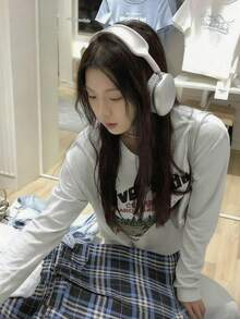 Early Autumn Personalized Letter Print Loose Round Neck Women T-Shirt - Grey - View 4