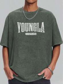 1pc Vintage Wash T Shirt Print Casual Daily Wear 100 Percent Cotton Graphic Tee Men's T Shirt Sports Wear Men's Fashion Cotton TeeVibrant Neon Cotton Round Neck Abstract Printed T-Shirts-Men's Oversized Vintage Wash Cotton Tee - Casual Loose Fitmens Clothes Shirts - 軍綠色 - 查看 2