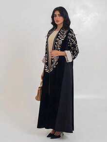 Hafizah 1pc Black Modest Velvet Embroidered Cardigan Abaya Robe - Black - View 4