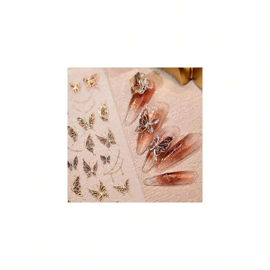 5D Embossed Gold Nail Stickers Decals Butterfly Nail Art Stickers Glitter Nail Stickers For Nail Art With Gold Line Design Se--Adhesive Manicure Decoration For Women Nails Supplies - Style18 - 查看 1