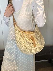 夏季草编时尚简约单肩斜挎小包，2025新款沙滩编织包 - 米色 - 查看 7