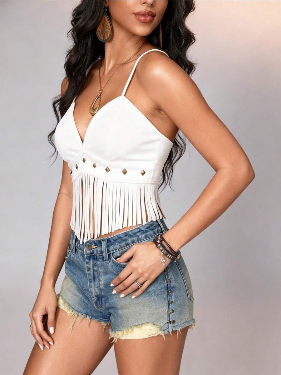 Women's Spring Summer Elegant Y2K Cute Tank Tops Fringe Sleeveless Backless Spaghetti Strap Faux Suede Vintage Hippie Crop Corset Top Blouse New Years Outfits Women, Going Out Tops, Beach Outfits For Women - 白色 - 查看 1