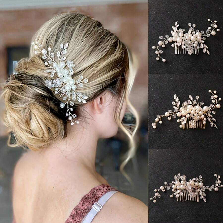 1pc Handmade Crystal & Pearl Bridal Hair Comb, Wedding Bride Updo Hairstyle Decor Accessory