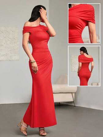 Elegant Asymmetrical Off-The-Shoulder Dress – Fitted Silhouette With Pleated Details, Ideal For Spring/Summer Evening Wear, Parties, Nightclubs & Fashionable Weddings