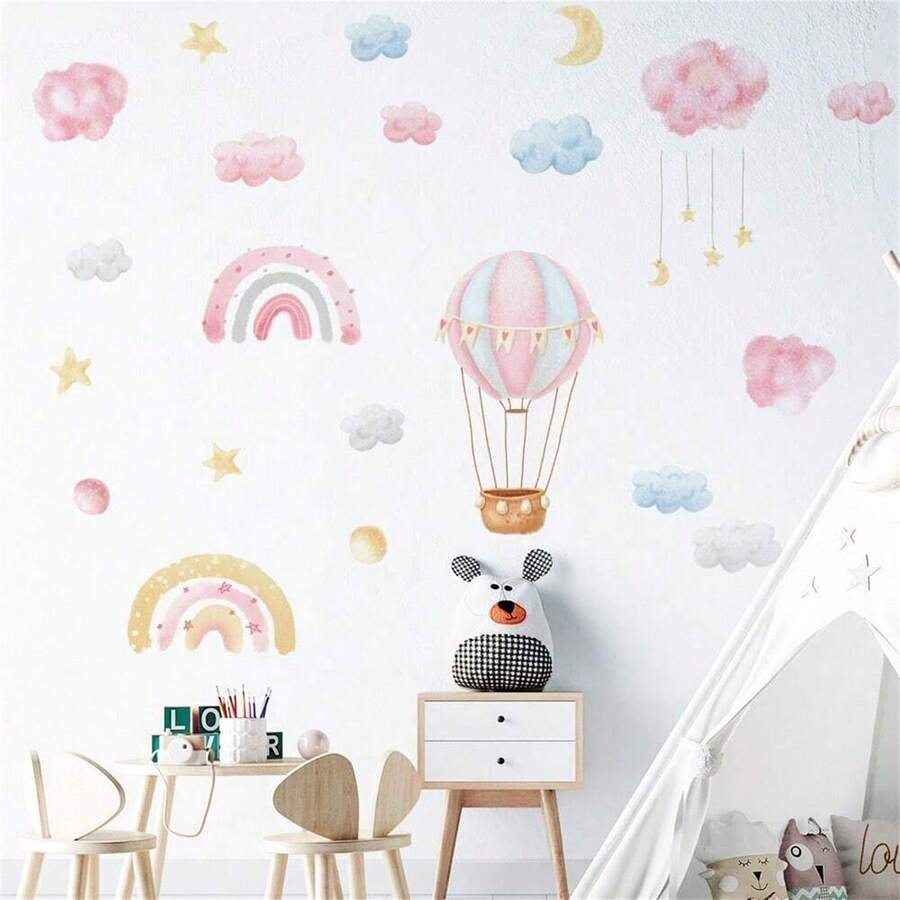 1 Set Pink Hot Air Balloon, Moon, Star, Cloud, Balloon Wall Stickers For Baby Girl Nursery, Kids Bedroom, Infant Party, Home Decor, Gift - Pink - View 1