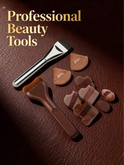 10pcs Makeup Brush Set Includes 2 Dense & Soft Foundation Brushes, 6 Compact Makeup Sponges, And 2 Powder Puffs. Professional Foundation Brushes Suitable For Liquid And Cream Products.