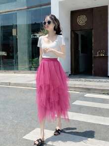 Women's Solid Color Mesh Patchwork Fashionable Versatile Date Party Skirt - Hot Pink - View 2