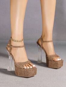 Sandali con tacco alto e plateau in stile europeo e americano, con punta quadrata, antiscivolo, con cristalli trasparenti e strass, tacco alto e sexy, ideali per l'estate - Champagne - Visualizzare 2