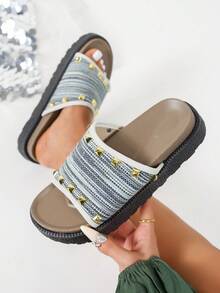 Nuevas sandalias de cuña con suela gruesa y decoración de remaches metálicos, cómodas y versátiles sandalias de playa aptas para uso diario - Azul - Ver 3